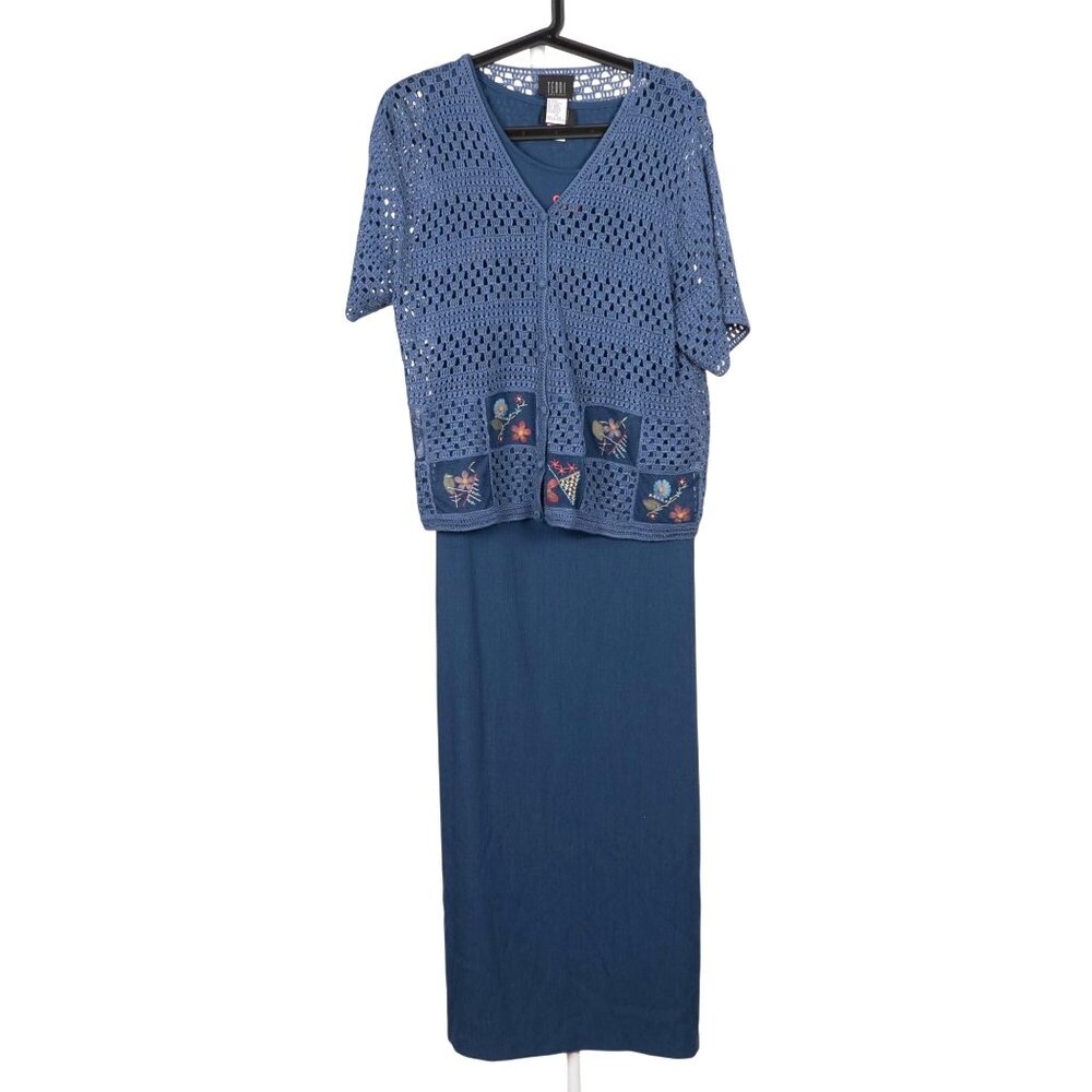 Teddi Sweater Dress Set 14 Blue Floral Knit Maxi Casual Grammacore Cottagecore - Picture 1 of 10